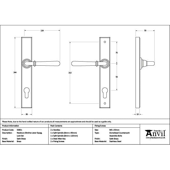 From The Anvil - Satin Brass Newbury Slimline Lever Espag. Lock Set - Satin Brass  - 50851