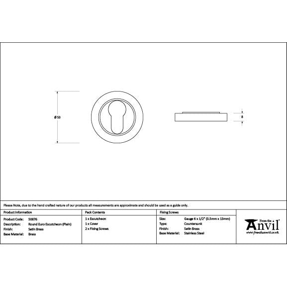 From The Anvil - Satin Brass Round Euro Escutcheon (Plain) - Satin Brass  - 50876