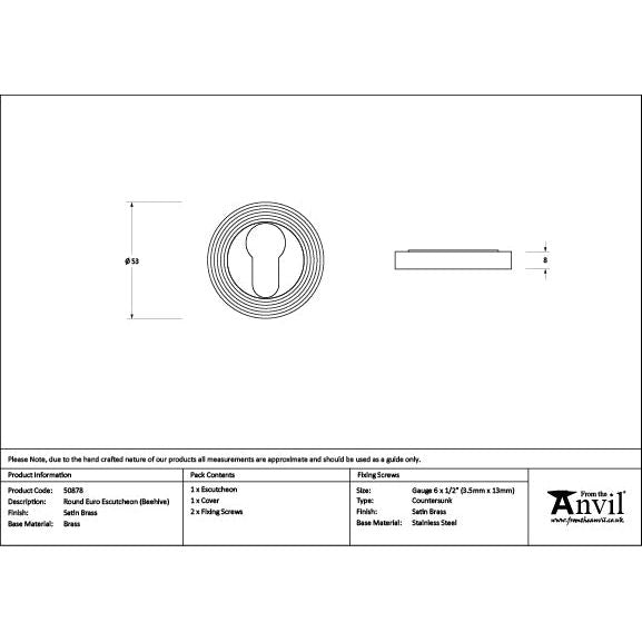 From The Anvil - Satin Brass Round Euro Escutcheon (Beehive) - Satin Brass  - 50878