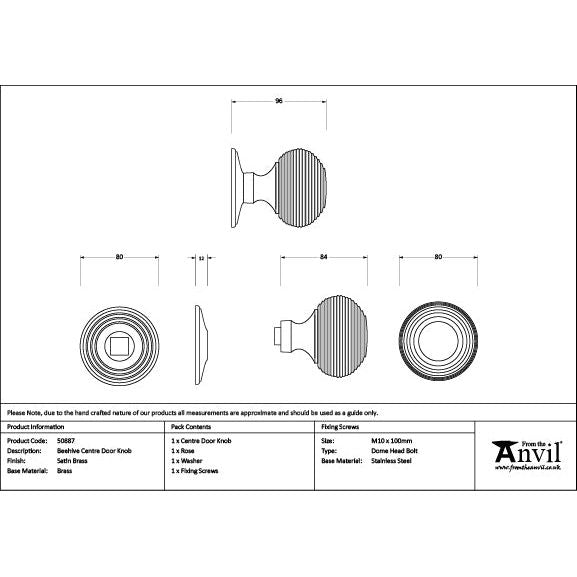 From The Anvil - Satin Brass Beehive Centre Door Knob - Satin Brass  - 50887