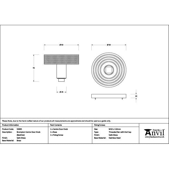 From The Anvil - Satin Brass Brompton Centre Door Knob (Beehive) - Satin Brass  - 50895