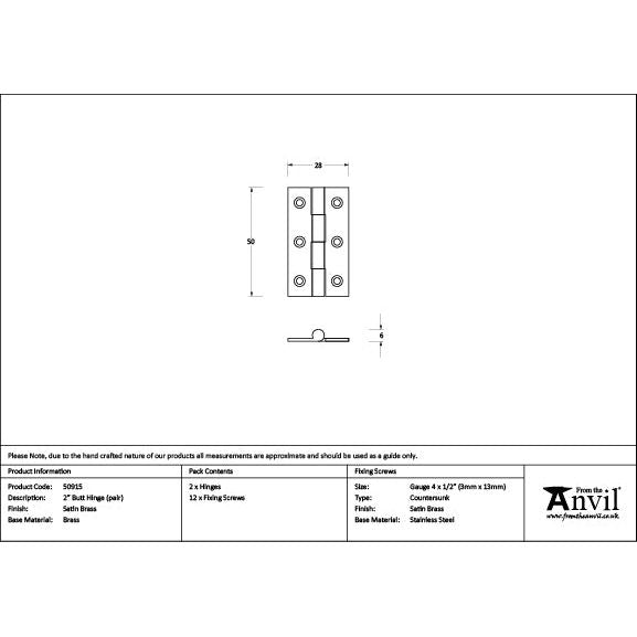 From The Anvil - Satin Brass 2" Butt Hinge (pair) - Satin Brass  - 50915