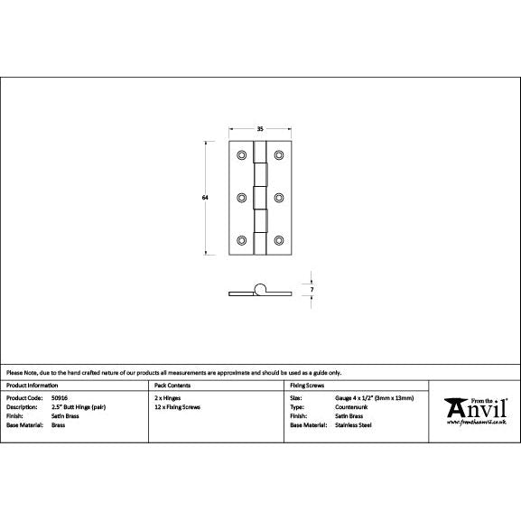 From The Anvil - Satin Brass 2.5" Butt Hinge (pair) - Satin Brass  - 50916