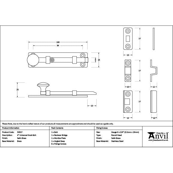 From The Anvil - Satin Brass 4" Universal Bolt - Satin Brass  - 50917