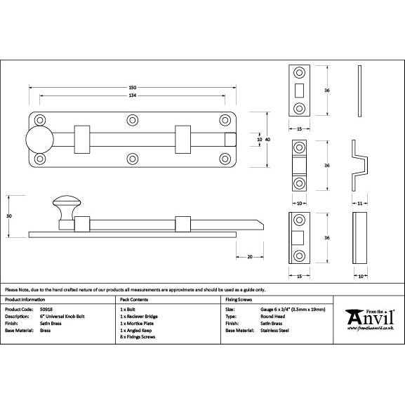 From The Anvil - Satin Brass 6" Universal Bolt - Satin Brass  - 50918