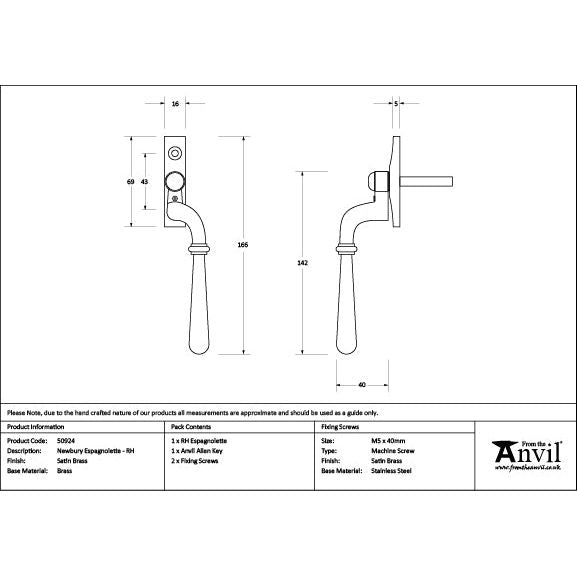 From The Anvil - Satin Brass Newbury Espag - RH - Satin Brass  - 50924