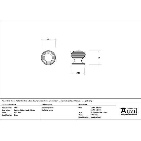 From The Anvil - Satin Brass Beehive Cabinet Knob 30mm - Satin Brass  - 50931