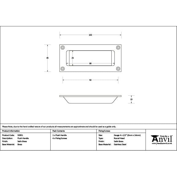 From The Anvil - Satin Brass Flush Handle - Satin Brass  - 50951