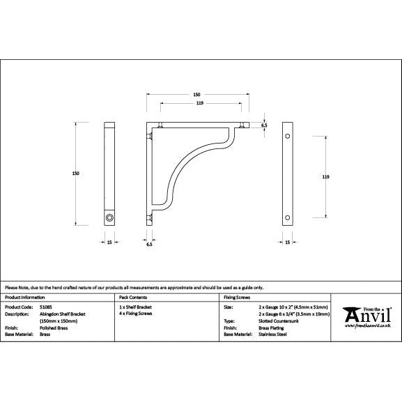 From The Anvil - Polished Brass Abingdon Shelf Bracket (150mm x 150mm) - Polished Brass  - 51085