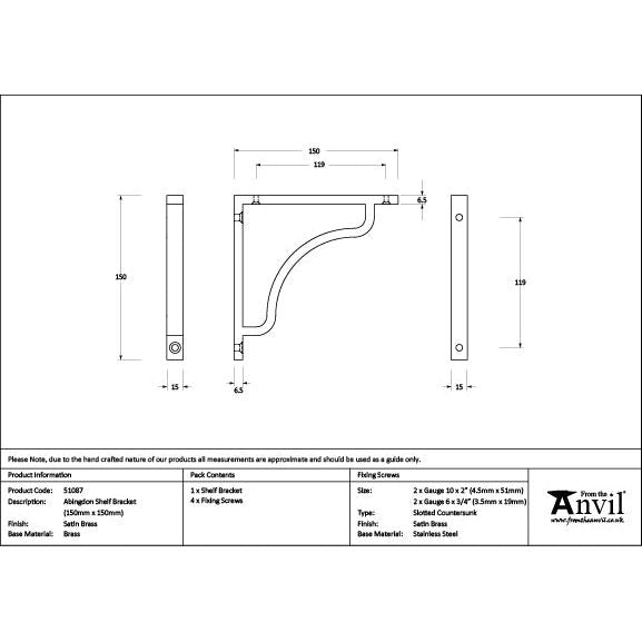 From The Anvil - Satin Brass Abingdon Shelf Bracket (150mm x 150mm) - Satin Brass  - 51087