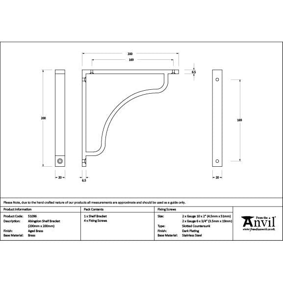 From The Anvil - Aged Brass Abingdon Shelf Bracket (200mm x 200mm) - Aged Brass  - 51096