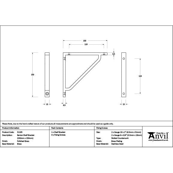 From The Anvil - Polished Brass Barton Shelf Bracket (150mm x 150mm) - Polished Brass  - 51105