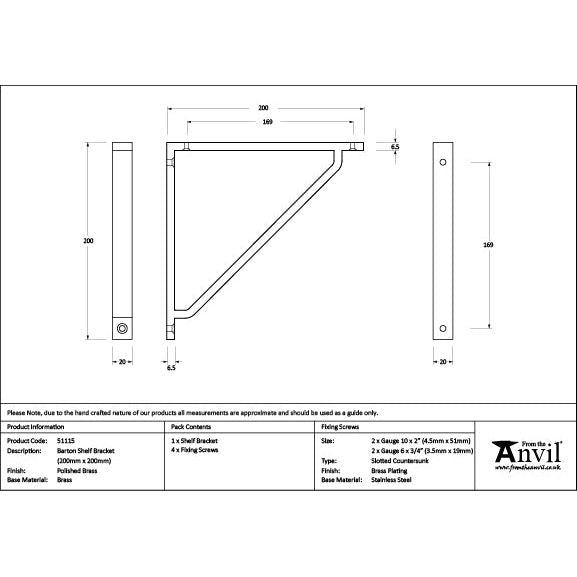 From The Anvil - Polished Brass Barton Shelf Bracket (200mm x 200mm) - Polished Brass  - 51115