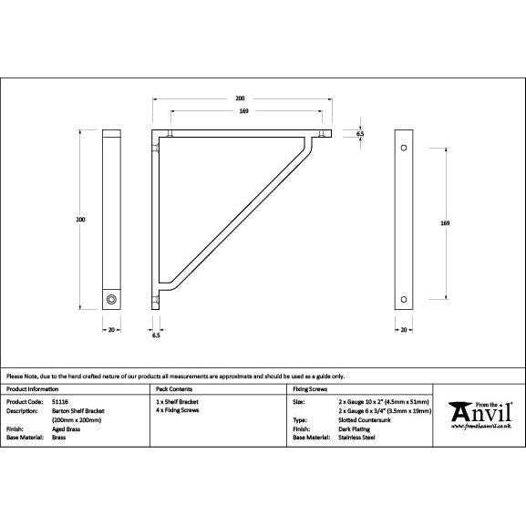 From The Anvil - Aged Brass Barton Shelf Bracket (200mm x 200mm) - Aged Brass  - 51116