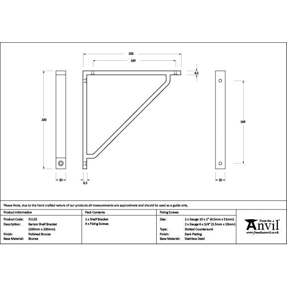 From The Anvil - Polished Bronze Barton Shelf Bracket (200mm x 200mm) - Polished Bronze  - 51123