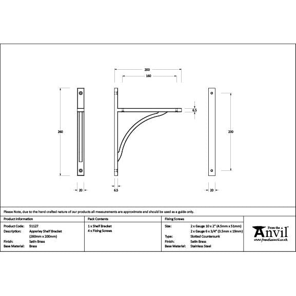 From The Anvil - Satin Brass Apperley Shelf Bracket (260mm x 200mm) - Satin Brass  - 51127