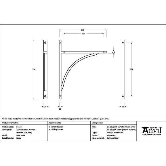 From The Anvil - Matt Black Apperley Shelf Bracket (314mm x 250mm) - Matt Black  - 51144