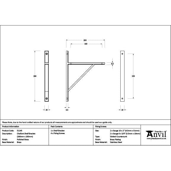 From The Anvil - Polished Brass Chalfont Shelf Bracket (260mm x 200mm) - Polished Brass  - 51145