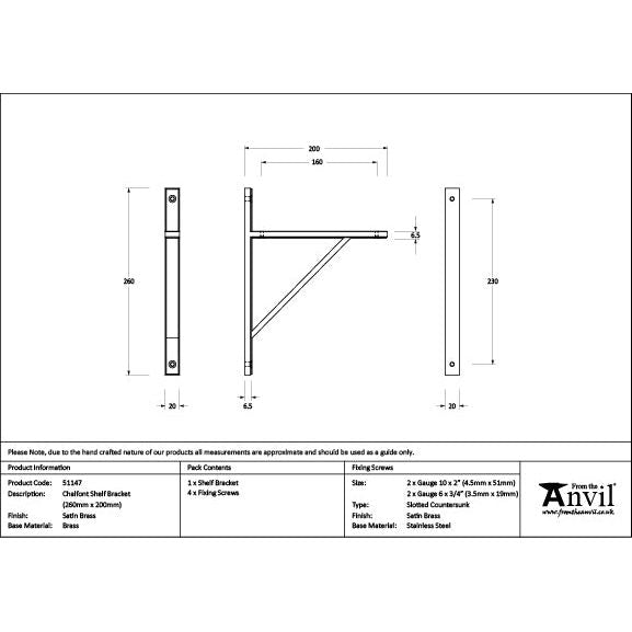 From The Anvil - Satin Brass Chalfont Shelf Bracket (260mm x 200mm) - Satin Brass  - 51147