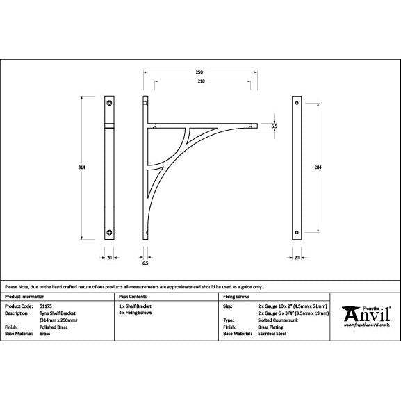 From The Anvil - Polished Brass Tyne Shelf Bracket (314mm x 250mm) - Polished Brass  - 51175