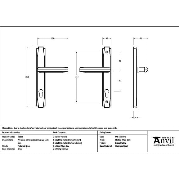 From The Anvil - Polished Brass Art Deco Slimline Lever Espag. Lock Set - Polished Brass  - 51185