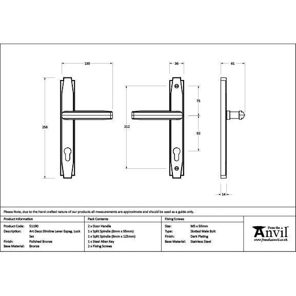 From The Anvil - Polished Bronze Art Deco Slimline Lever Espag. Lock Set - Polished Bronze  - 51190