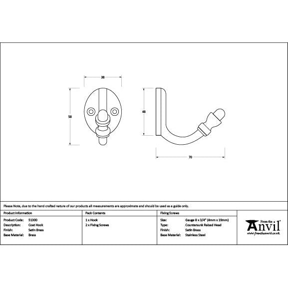 From The Anvil - Satin Brass Coat Hook - Satin Brass  - 51300