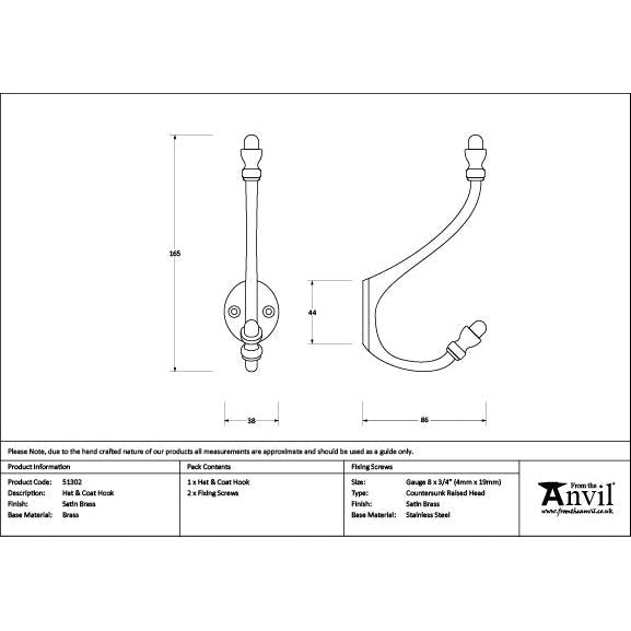 From The Anvil - Satin Brass Hat & Coat Hook - Satin Brass  - 51302