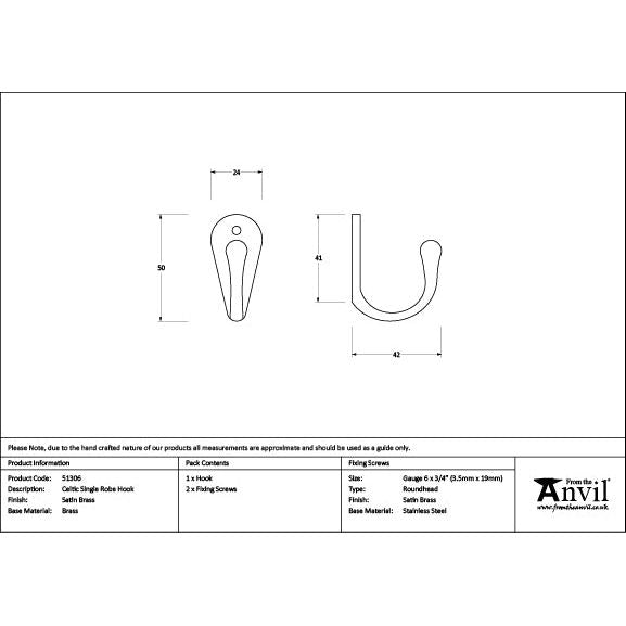 From The Anvil - Satin Brass Celtic Single Robe Hook - Satin Brass  - 51306