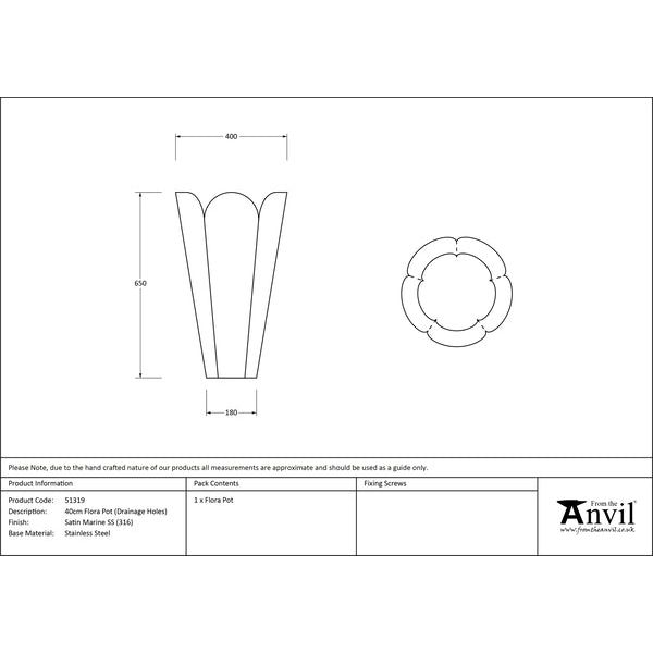 From The Anvil - Satin Marine SS (316) 40cm Flora Pot (Drainage holes) - Satin Marine SS (316)  - 51319