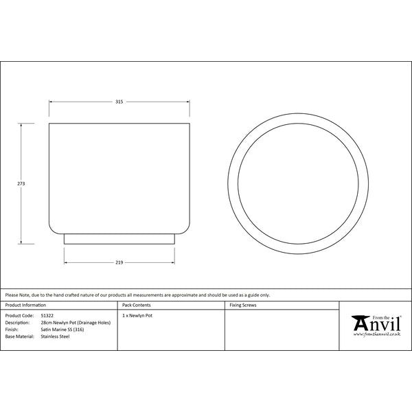 From The Anvil - Satin Marine SS (316) 28cm Newlyn Pot (Drainage holes) - Satin Marine SS (316)  - 51322