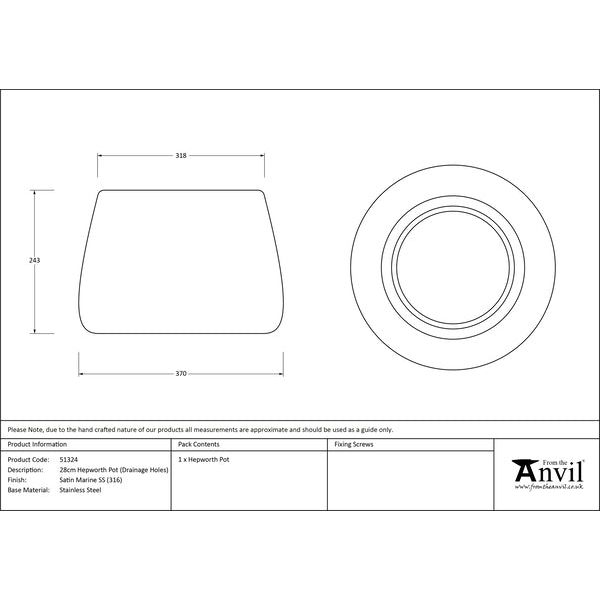 From The Anvil - Satin Marine SS (316) 28cm Hepworth Pot (Drainage holes) - Satin Marine SS (316)  - 51324