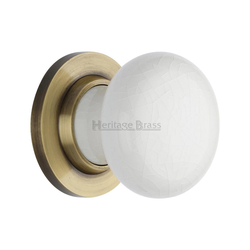 White Crackle Knob with Antique Brass base - 7010-AT - Choice Handles