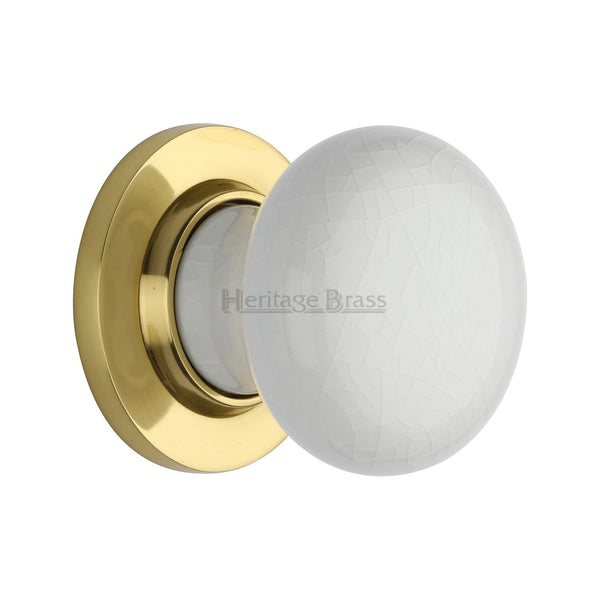 White Crackle Knob with Polished Brass base - 7010-PB - Choice Handles