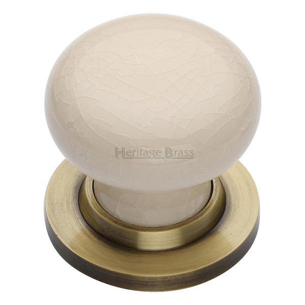 Cream Crackle Knob with Antique Brass base - 8010-AT - Choice Handles