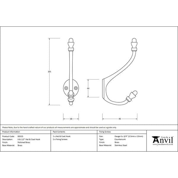 From The Anvil - 6 1/2" Hat & Coat Hook - Polished Brass - 83525