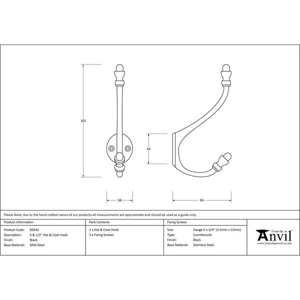 From The Anvil - 6 1/2" Hat & Coat Hook - Black - 83542