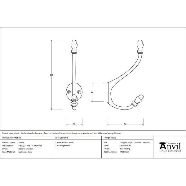 From The Anvil - 6 1/2" Hat & Coat Hook - Natural Smooth - 83543