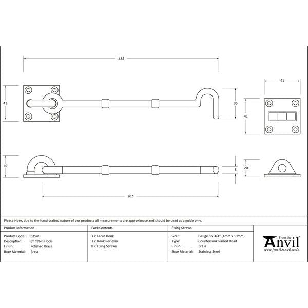 From The Anvil - 8" Cabin Hook - Polished Brass - 83546