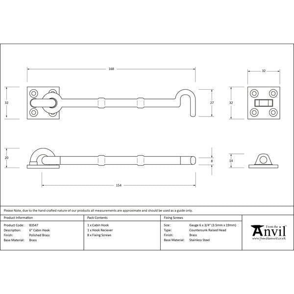 From The Anvil - 6" Cabin Hook - Polished Brass - 83547