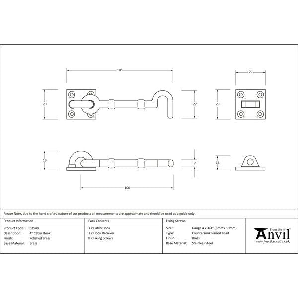 From The Anvil - 4" Cabin Hook - Polished Brass - 83548