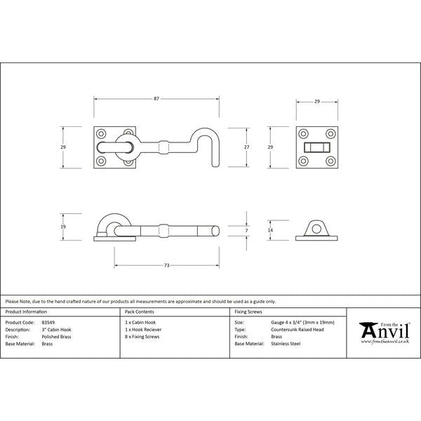 From The Anvil - 3" Cabin Hook - Polished Brass - 83549