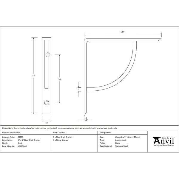 From The Anvil - Black 6'' x 6'' Plain Shelf Bracket - Black  - 83780