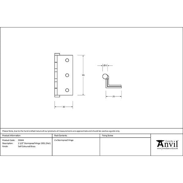 From The Anvil - Self Coloured Brass 2½" (pair) Stormproof Hinge 1951 -   - 91044