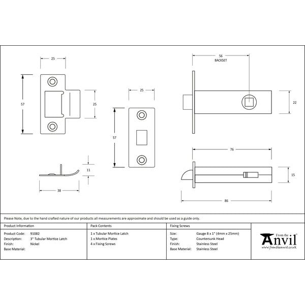 From The Anvil - 3" Tubular Mortice Latch - Polished Nickel - 91082