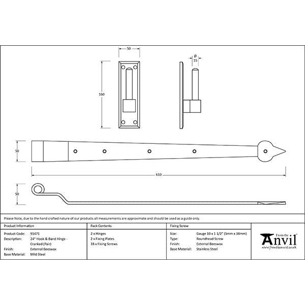 From The Anvil - External Beeswax 24" Hook & Band Hinge - Cranked (pair) - External Beeswax  - 91471