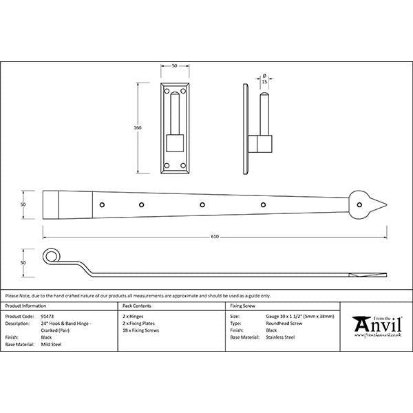 From The Anvil - Black 24" Hook & Band Hinge - Cranked (pair) - Black  - 91473