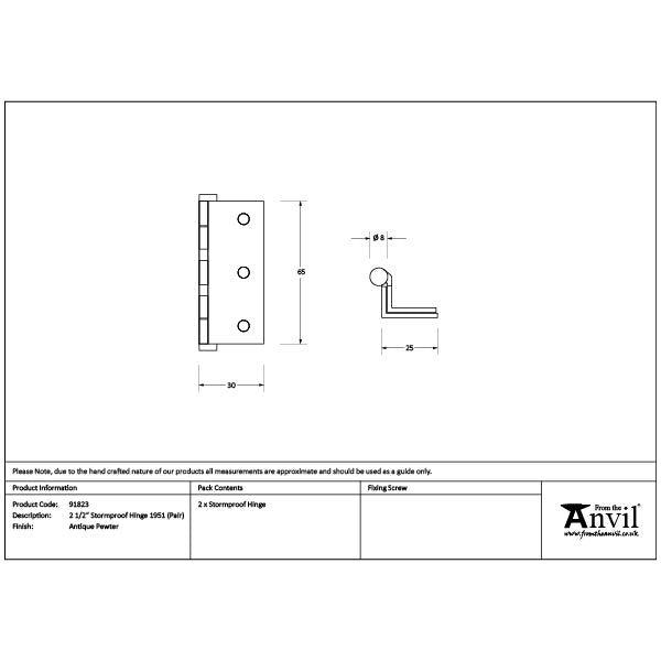 From The Anvil - Antique Pewter 2½" Stormproof Hinge 1951 (pair) - Antique Pewter  - 91823