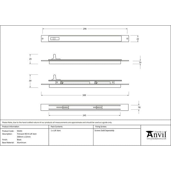 From The Anvil - Black Trimvent 90 Hi Lift Vent 300mm x 22mm - Black  - 93201