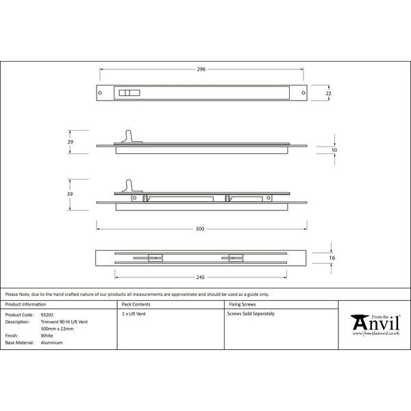 From The Anvil - White Trimvent 90 Hi Lift Vent 300mm x 22mm - White  - 93202